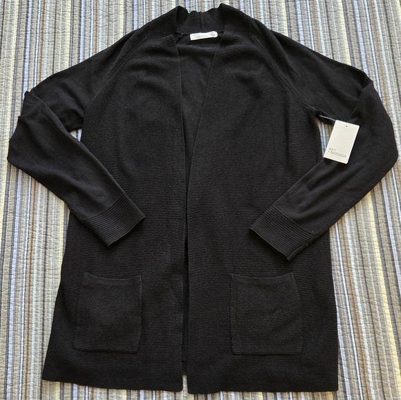 Textured Black Open Front Long Line Cardigan - Picture 7 of 11